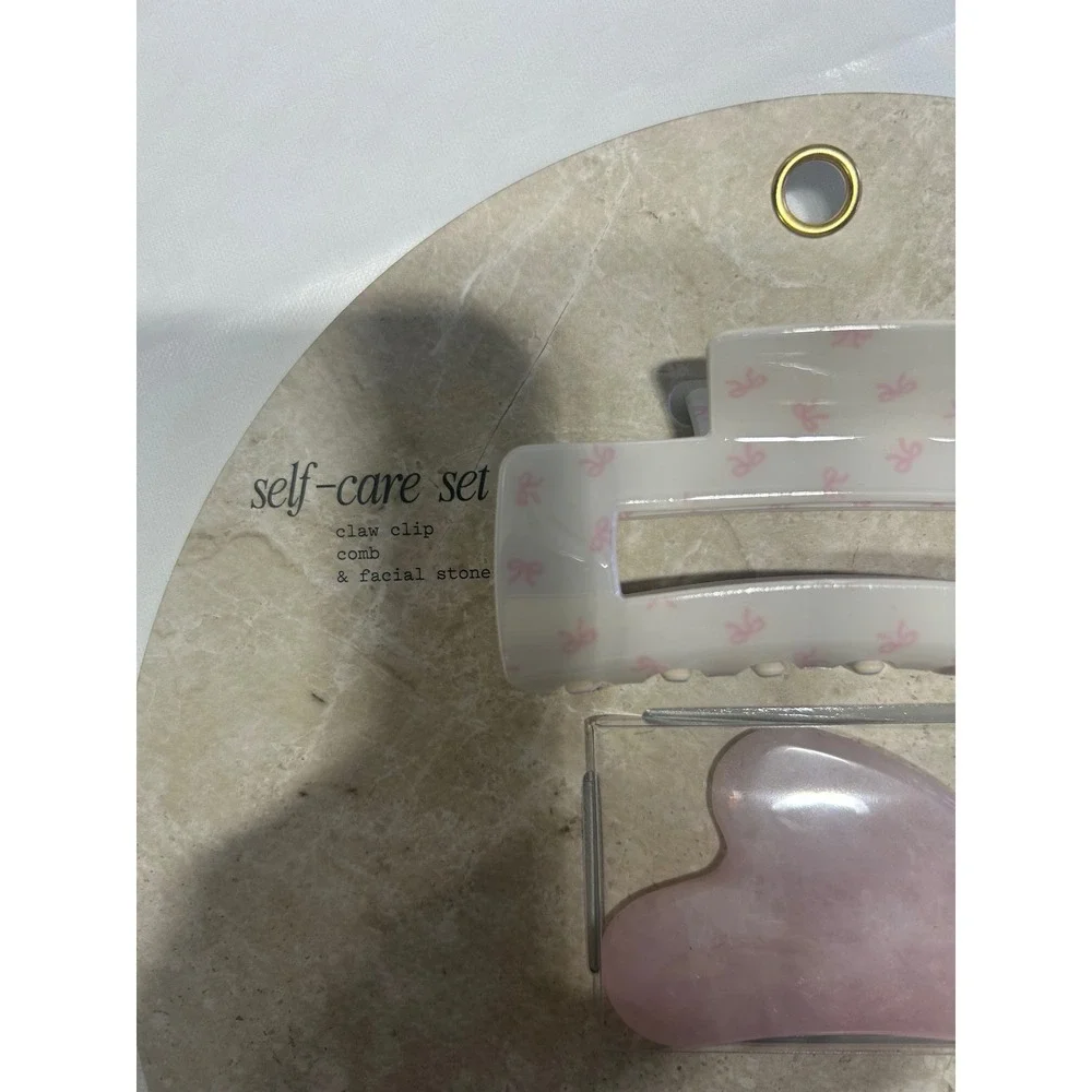 A New Day Self-Care Set Claw‎ Clip Gua Sha Facial Stone Hair Comb Pink Bows NWT